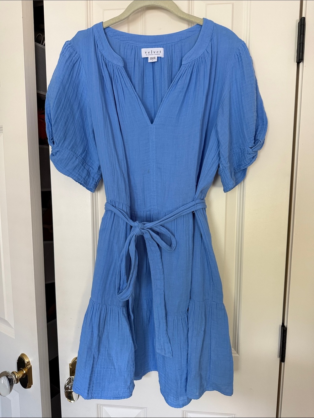 Velvet by Graham Spencer Light Blue V-Neck Tie-Waist gauze Dress